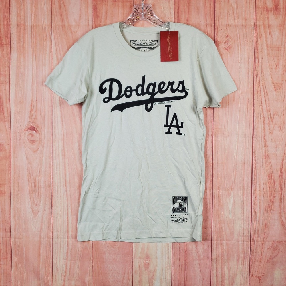 Mitchell And Ness Shirt Mens Small Khaki Los Angeles Dodgers Baseball Team Logo
